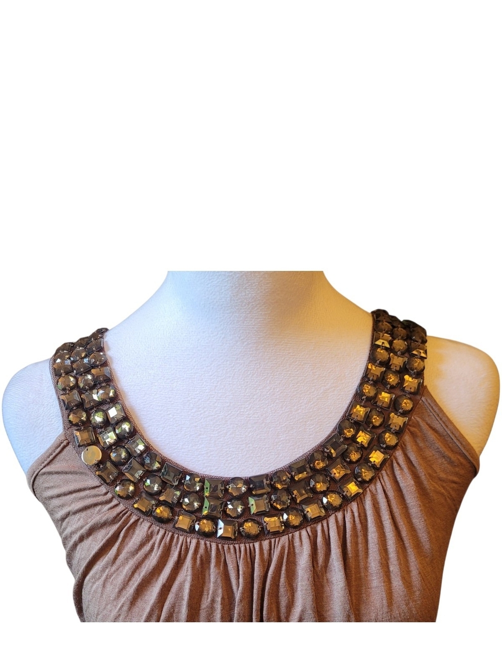 Sleeveless Pinkish-Brown Tank Top with Gold Beaded Collar